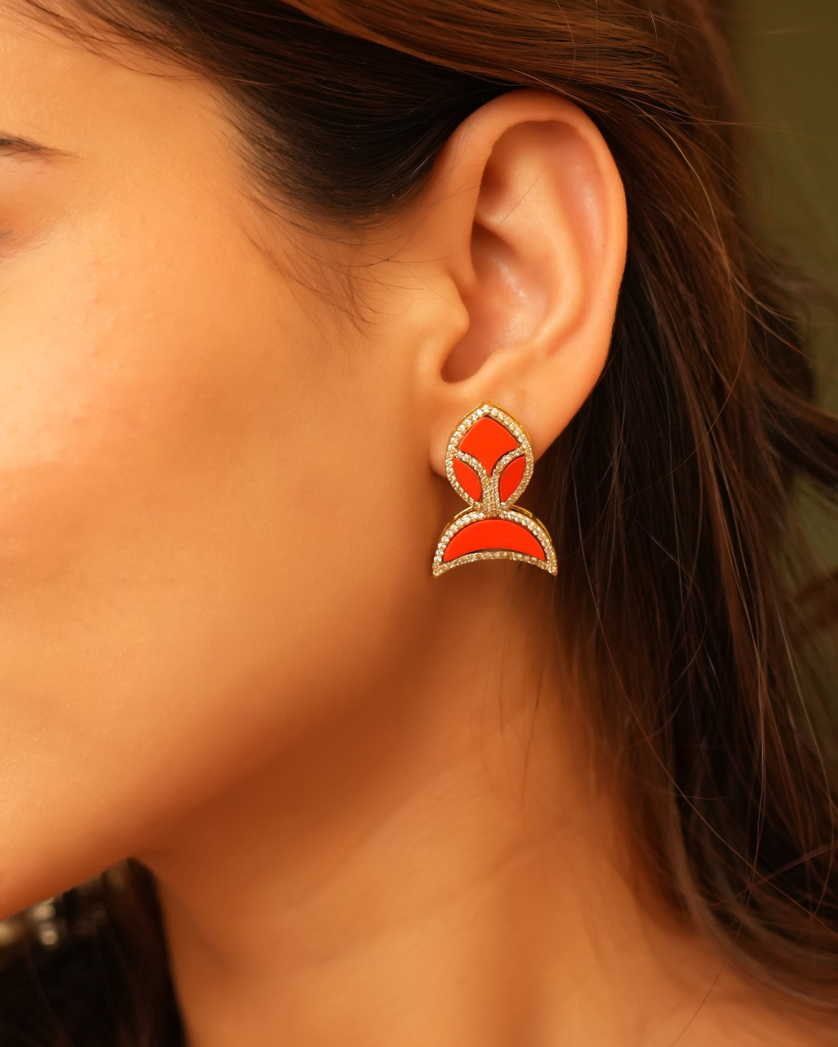 Aesthetic Red Stone Studs with Diamond Clusters